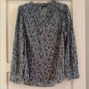 Talbots Ditsy Floral Smocked Blue and Olive Blouse Size Xl